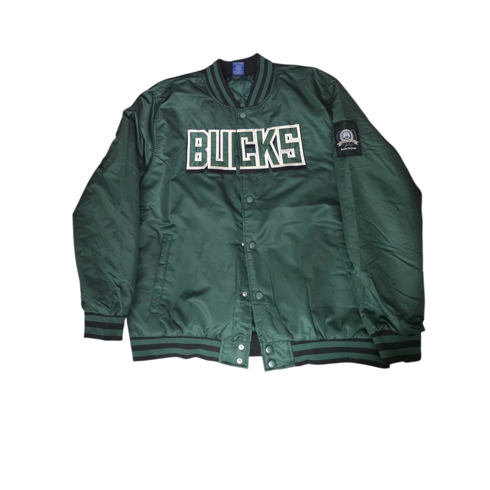 New NBAMilwaukee Bucks Green Varsity Full-Snap Satin  Bucks Green Bomber Jacket